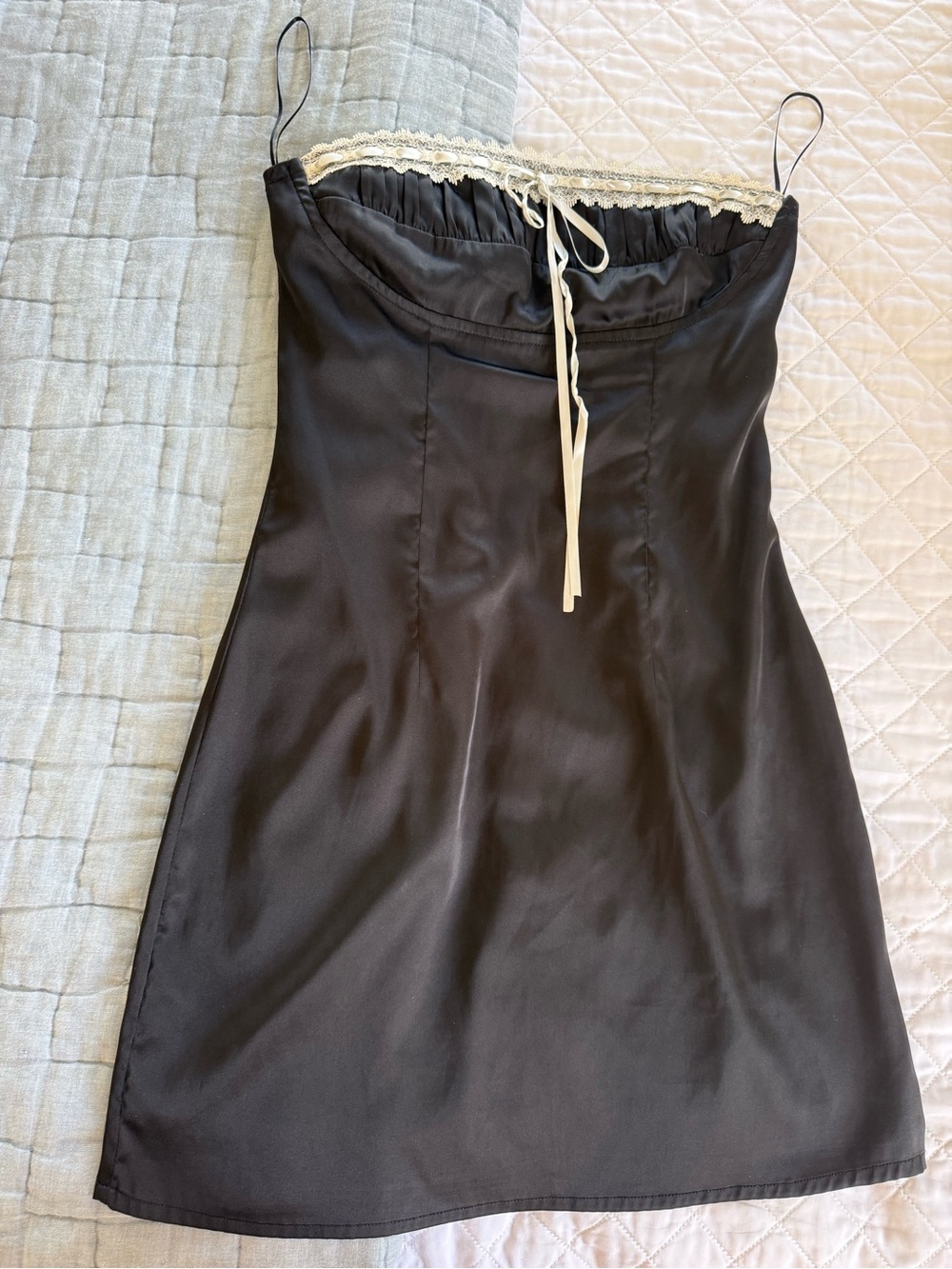 Black Satin Lace-Trim Slip Mini Dress